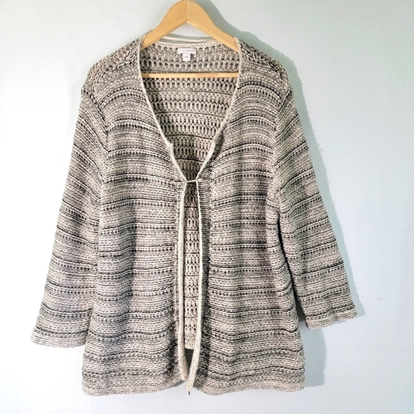 Pure Jill Women's Gray/Black Striped Open Cardigan Sz L Cable Knit Lagenlook - Picture 12 of 12